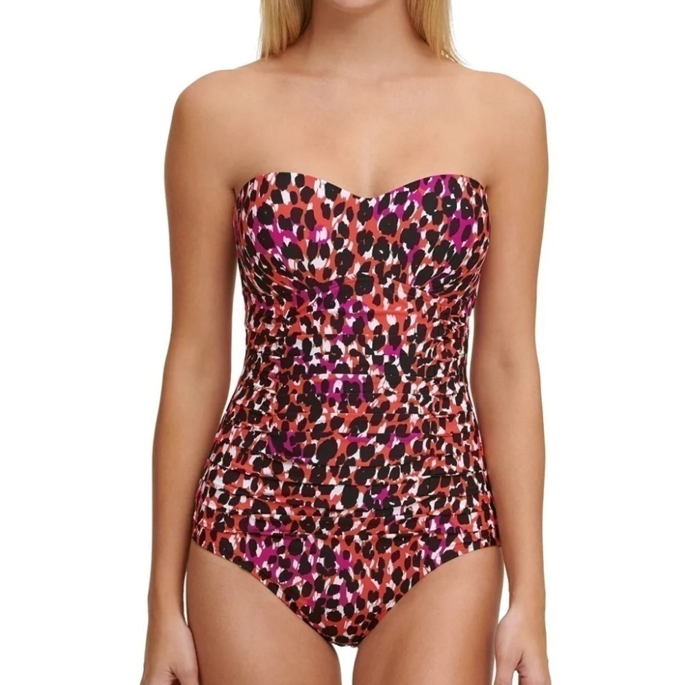 DKNY MULTI Printed Pleated Bandeau One-Piece Swimsuit